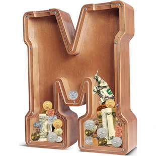 Wooden Piggy Bank Rubber Wood Piggy Bank English Letters Transparent Piggy Bank Wooden Creative Home Decoration Ornaments
