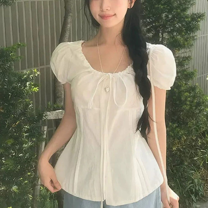2026 Summer New French Sweet Style Lace-Up Short-Sleeve Shirt for Women, Designed with a Waist-Cinching Effect, Slimming, Versatile Top
