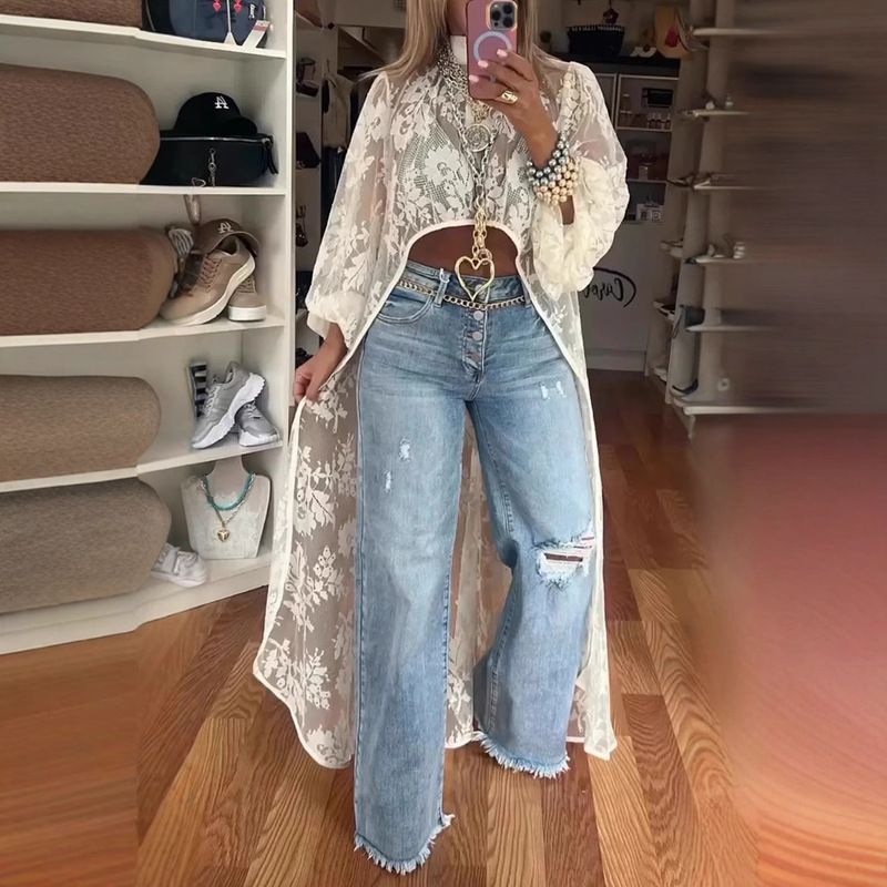 2025 Spring and Summer European and American Cross-Border New Amazon Independent Station Women's Lace Floral Short Front and Long Back See-Through Top