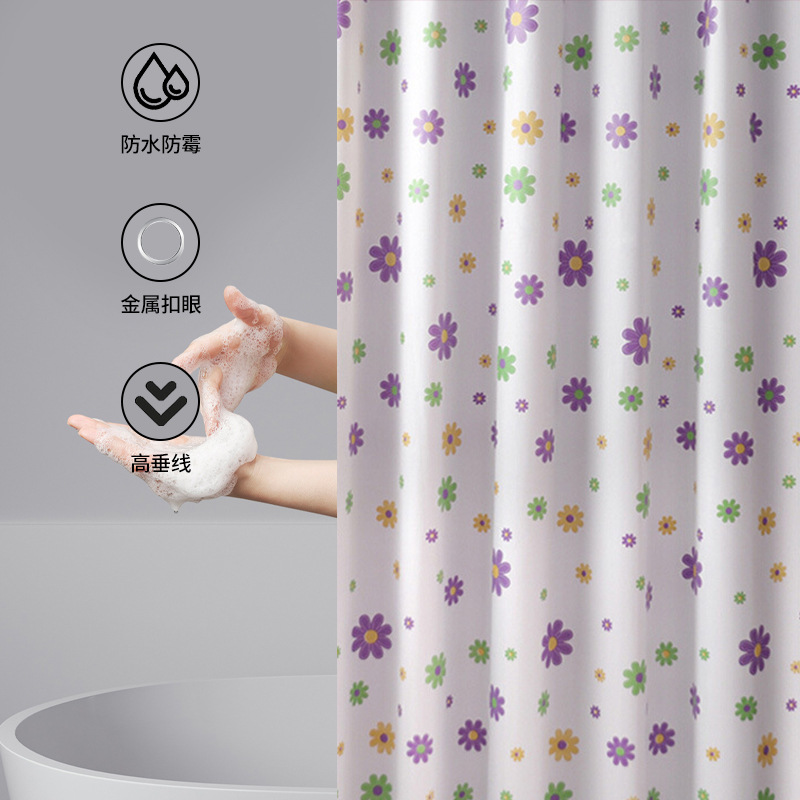 New bathroom curtain white background purple pastoral flowers thickened moisture-proof and mildew-proof bathroom PEVA shower curtain cross-border