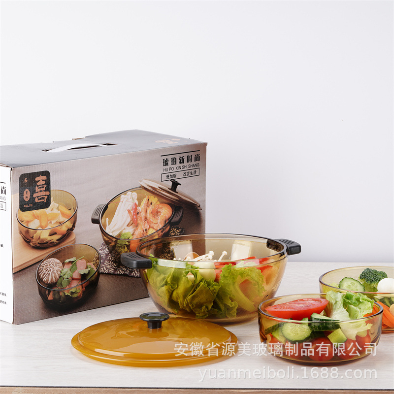 Tazón de vidrio Tazón de fideos instantáneos para el hogar de color marrón con tapa Olla de sopa de gran capacidad Espesar Juego de tazón de sopa de doble oreja para el hogar