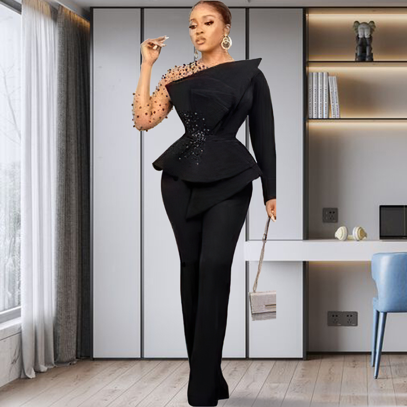 Completo pantalone donna taglie forti con dettagli in mesh e perle_voghion.com