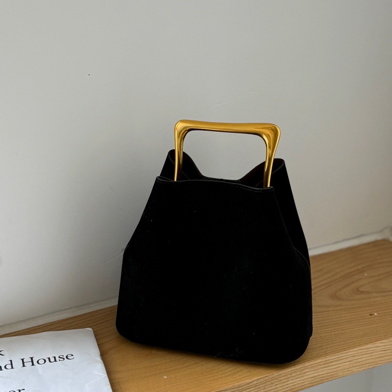 Rosarote Wildleder-Beuteltasche, lässig-schlicht, leicht luxuriös, mit Metallgriff, Damenhandtasche_voghion.com