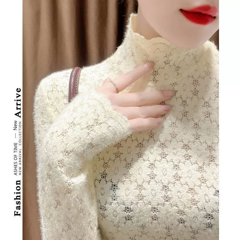 2023 Новая осенне-зимняя Модная стильная маленькая рубашка с половинным высоким воротником и кружевной базовой рубашкой на флисовой подкладке для женщин