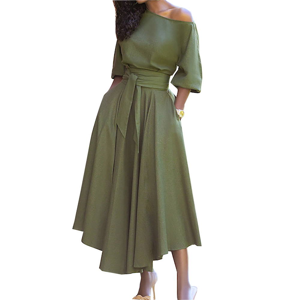 Women's Diagonal Shoulder Collar Binding Waist Temperament Solid Color Swing Dress