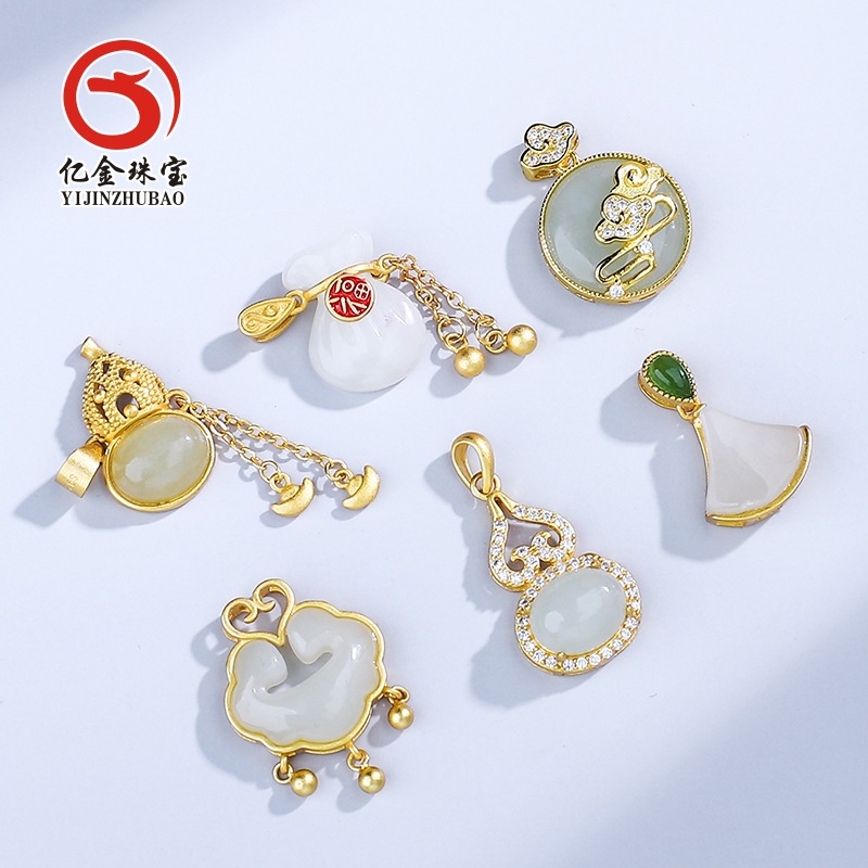 s925银镶和田玉吊坠国潮笑佛平安扣福袋葫芦古法银项链直播批发