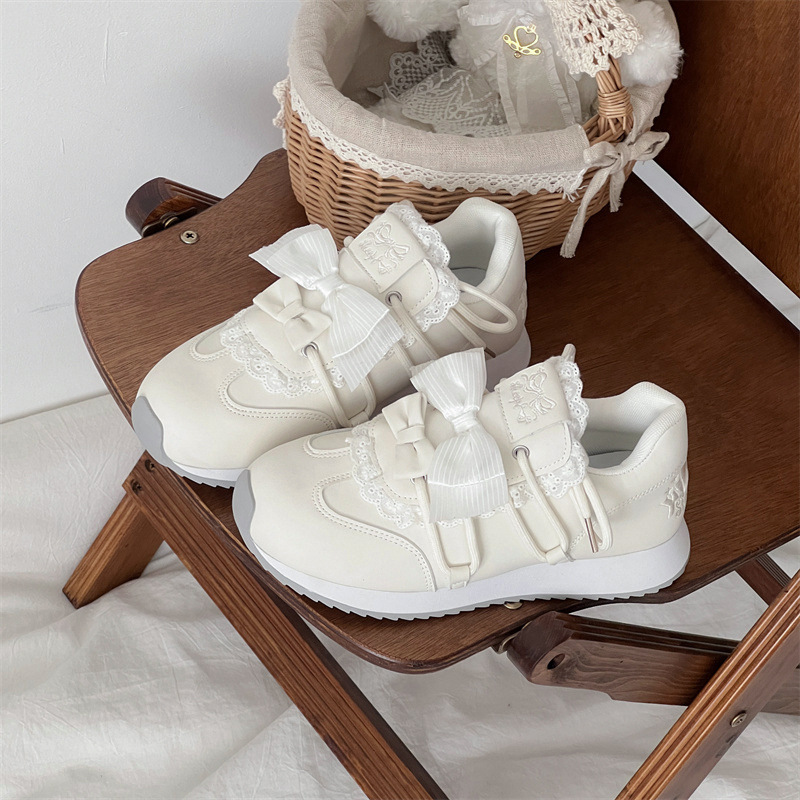 Cute Bowknot Color-Blocked German Training Shoes for Women, Fashionable New Style Puff Shoes, Thick-Soled Height-Increasing Round-Toe Sports Shoes