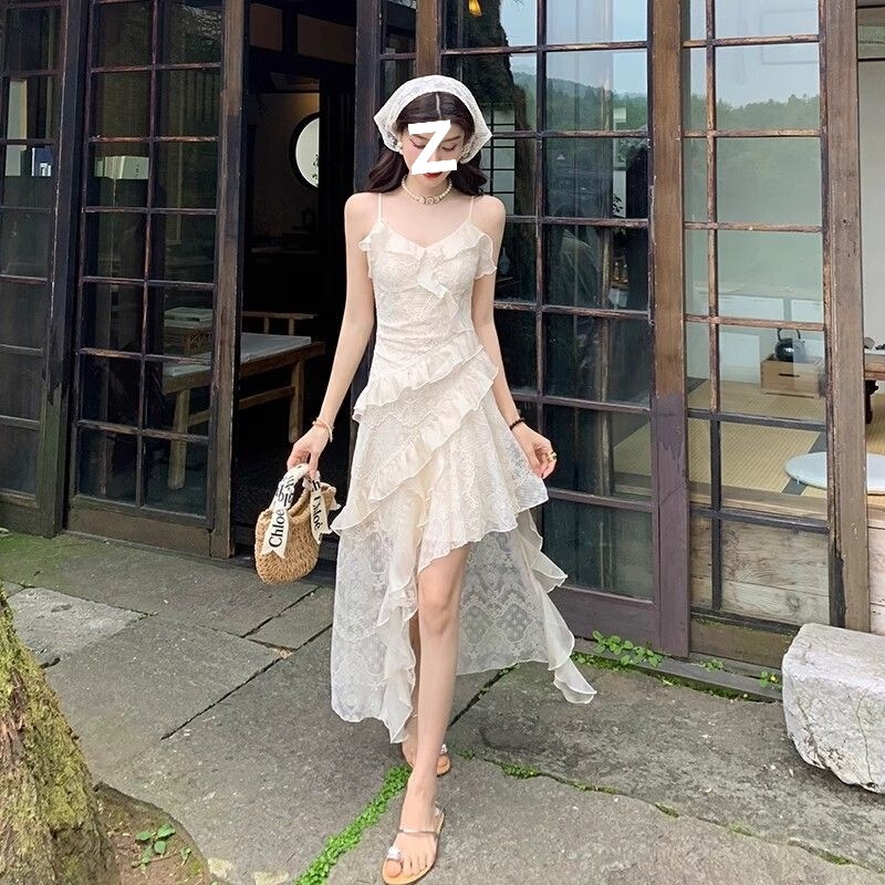 French Lace V-Neck Suspender Dress for Women, Summer Travel Vacation Irregular Dress, Stunning Waist-Cinching Mid-Length Dress French Lace V-Neck Suspender Dress for Women, Summer Travel Vacation Irregular Dress, Stunning Waist-Cinching Mid-Length Dress