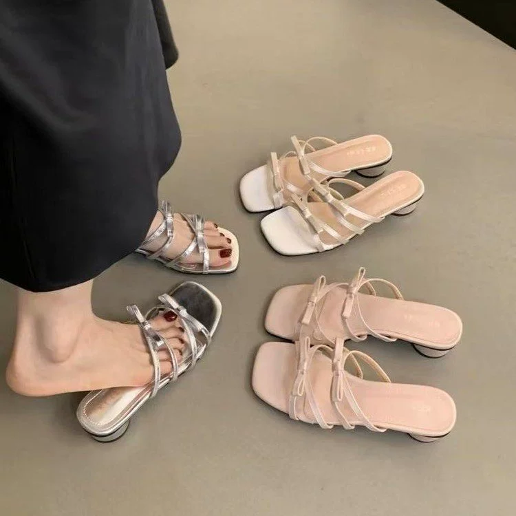 Женские босоножки на квадратном каблуке с розовым бантом, лето 2025, новинка, модные повседневные шлепанцы на высоком каблуке