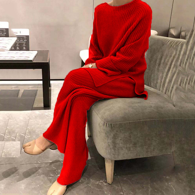 欧美女装2024秋冬亚马逊热卖长袖纯色针织休闲两件套毛衣欧美风|undefined