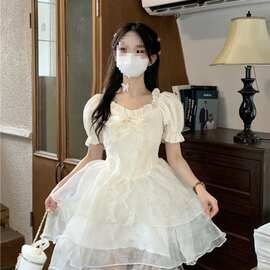 女收腰修身新款蝴蝶结显瘦甜美感夏季提花连衣裙时尚韩版减龄