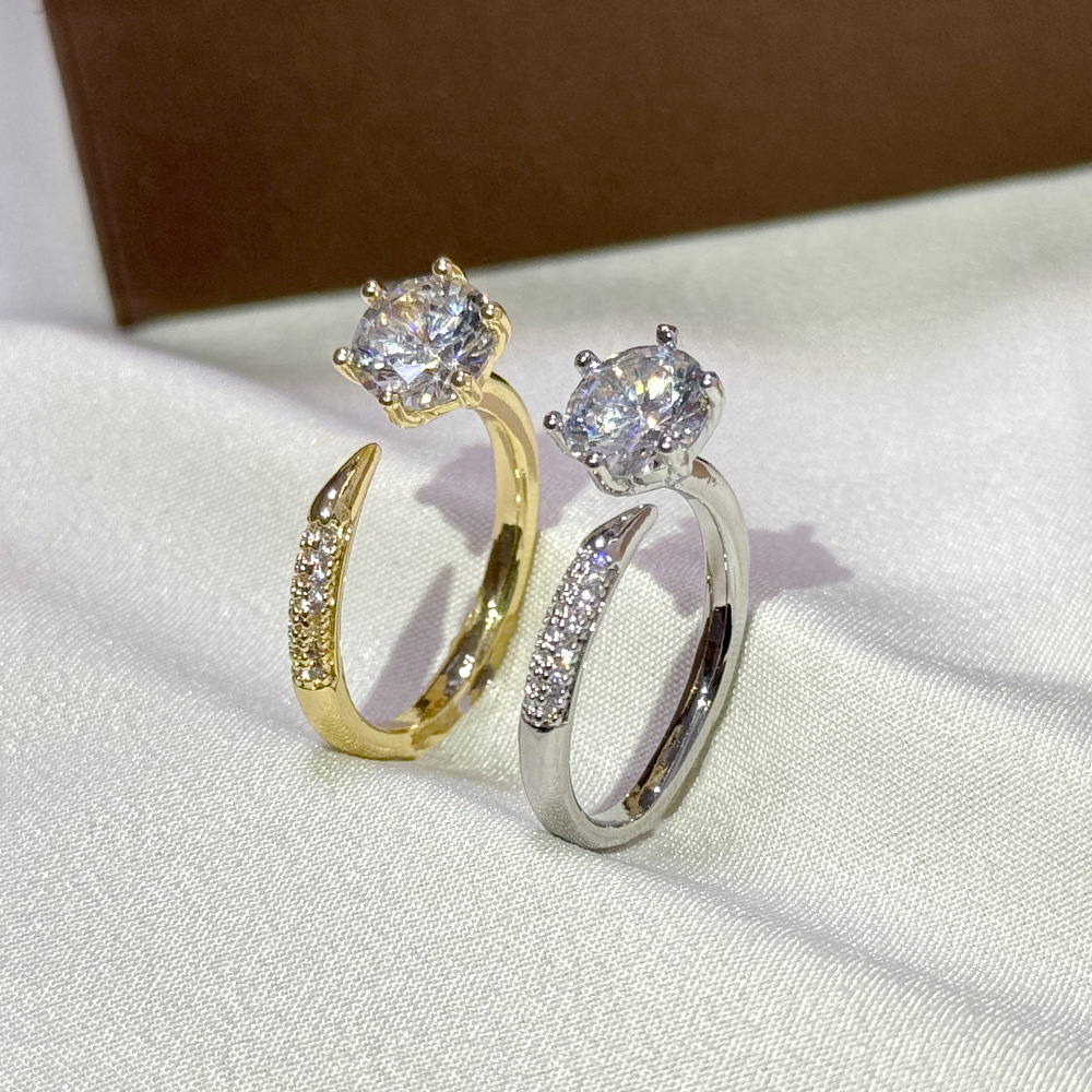 Micro-Paved Six-Claw Imitation Diamond Ring for Women, Gold-Plated Copper Inlaid with Zircon, Accessible Luxury and Exquisite Proposal Ring, Open Adjustable Ring