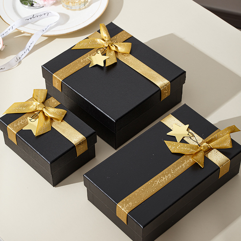 Black Gold Gift Box Packaging Box Gift Box Empty Box Bow Ribbon Black