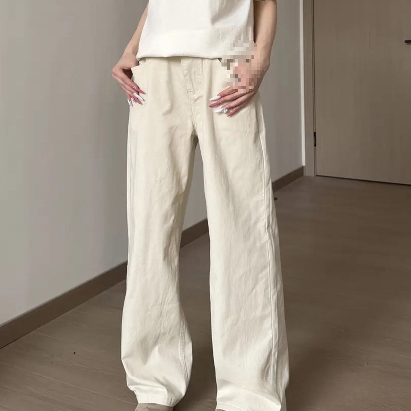 Old Qian Style Apricot Casual Pants Men's American Lazy Relaxed Style Straight Leg Wide-Leg Jeans Black
