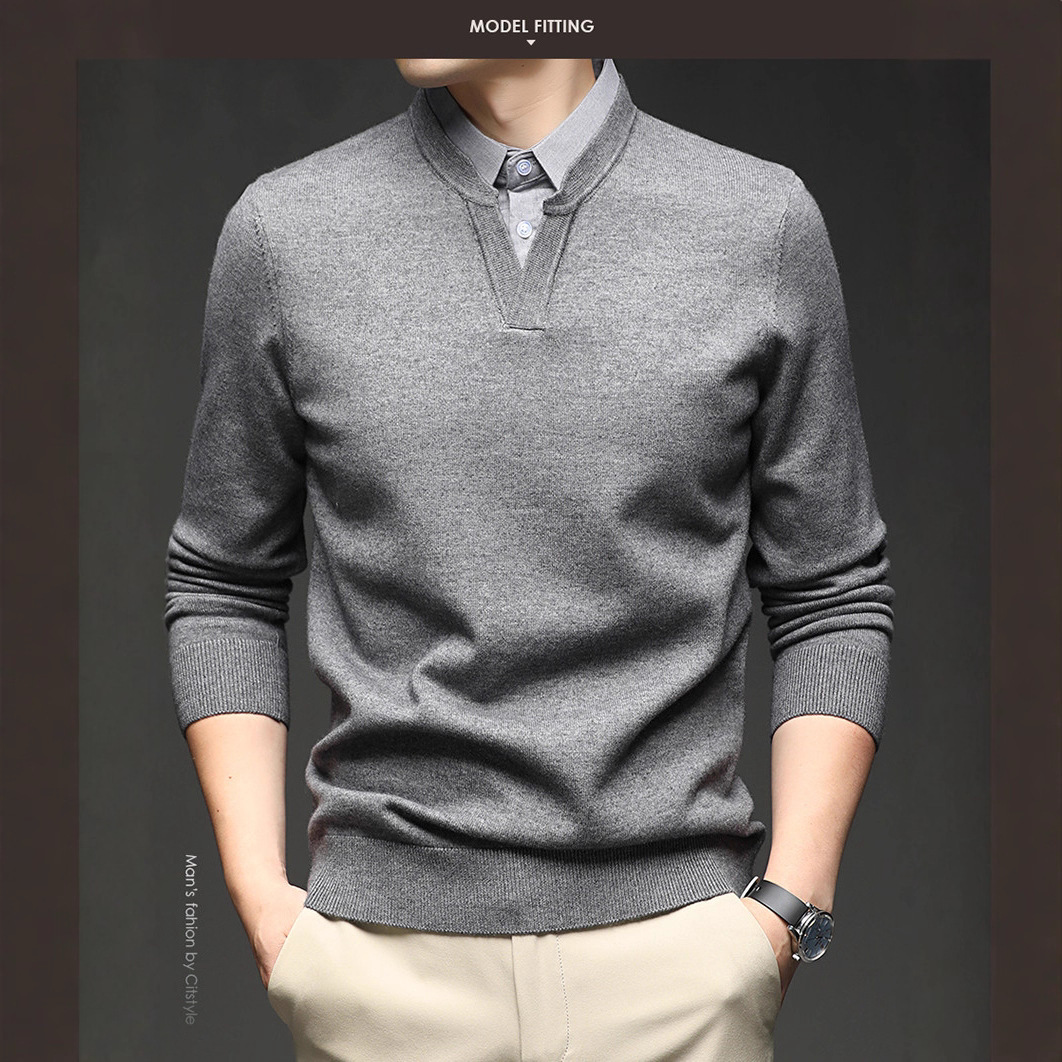 Primavera y otoño con solapa de manga larga de hombre base popular camiseta de punto de hombre falsa dos piezas de chaqueta simple suéter casual suelto