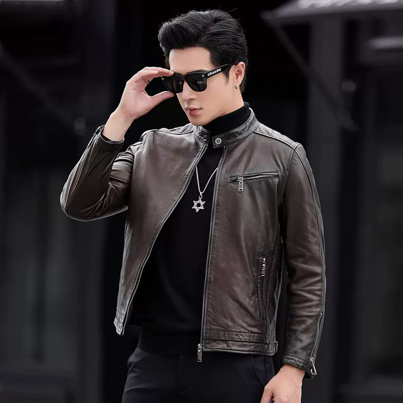 新款海宁皮衣男真皮复古机车服绵羊皮皮夹立领修身哈雷摩托潮外套
