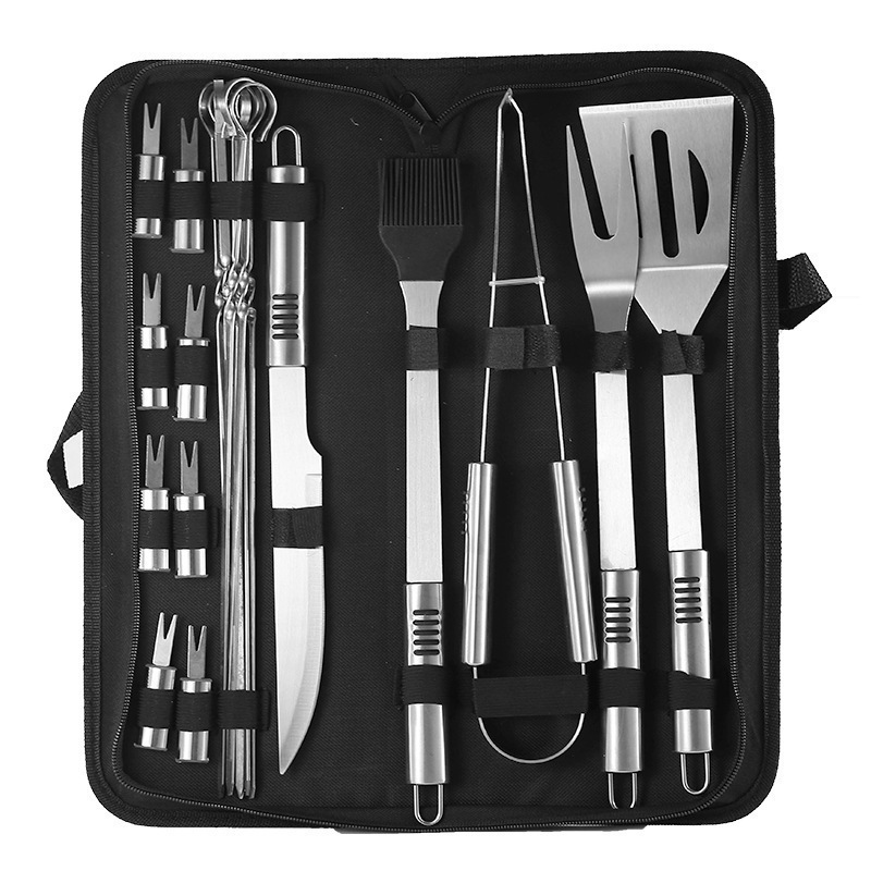 Herramientas de barbacoa para barbacoa al aire libre con clip de pala, cepillo, mango de tubo pequeño, bolsa de tela, juego de 9 piezas, juego de utensilios para hornear de acero inoxidable