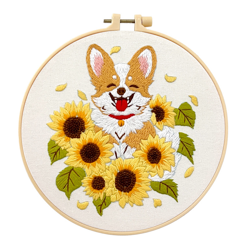 Cachorro de dibujos animados pintura colgante paquete de material de bricolaje bordado a mano flores y plantas de estilo europeo animales pintura pequeña en inglés pintura simple Lu bordado pintura