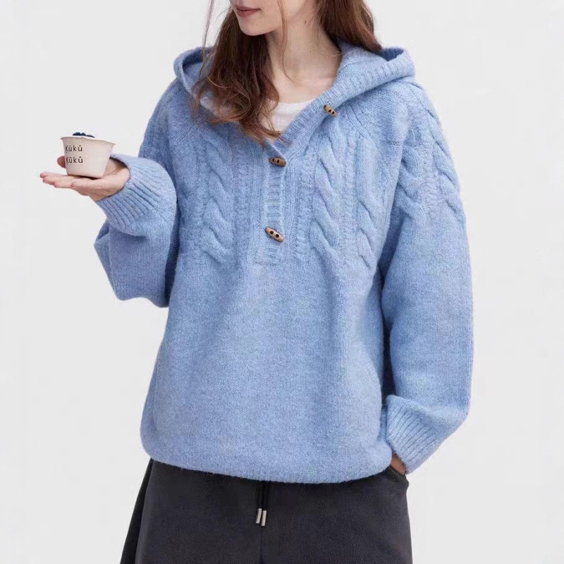 Scandinavian Nordic Retro Wool Fluffy Cable Half Placket Horn Button Hooded Sweater for Women Scandinavian Nordic Retro Wool Fluffy Cable Half Placket Horn Button Hooded Sweater for Women