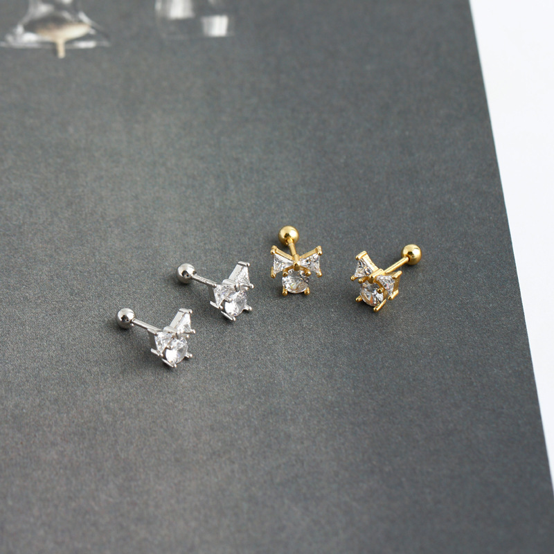 Fashion Bow Knot Sterling Silver Inlay Zircon Ear Studs 1 Pair