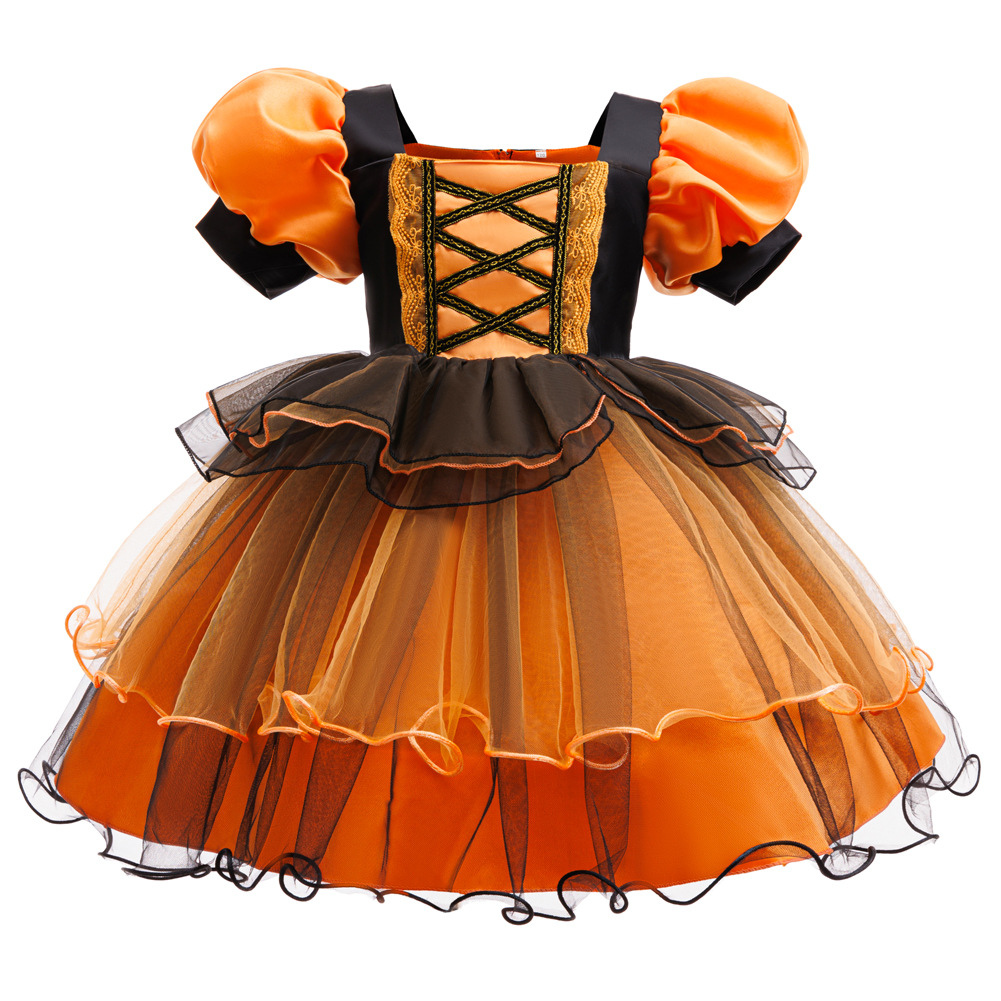 Nuevas vestidas de princesa de niñas transfronterizas vestidas de Halloween vestidas de brujas cosplay manga burbuja calabaza malla de tela