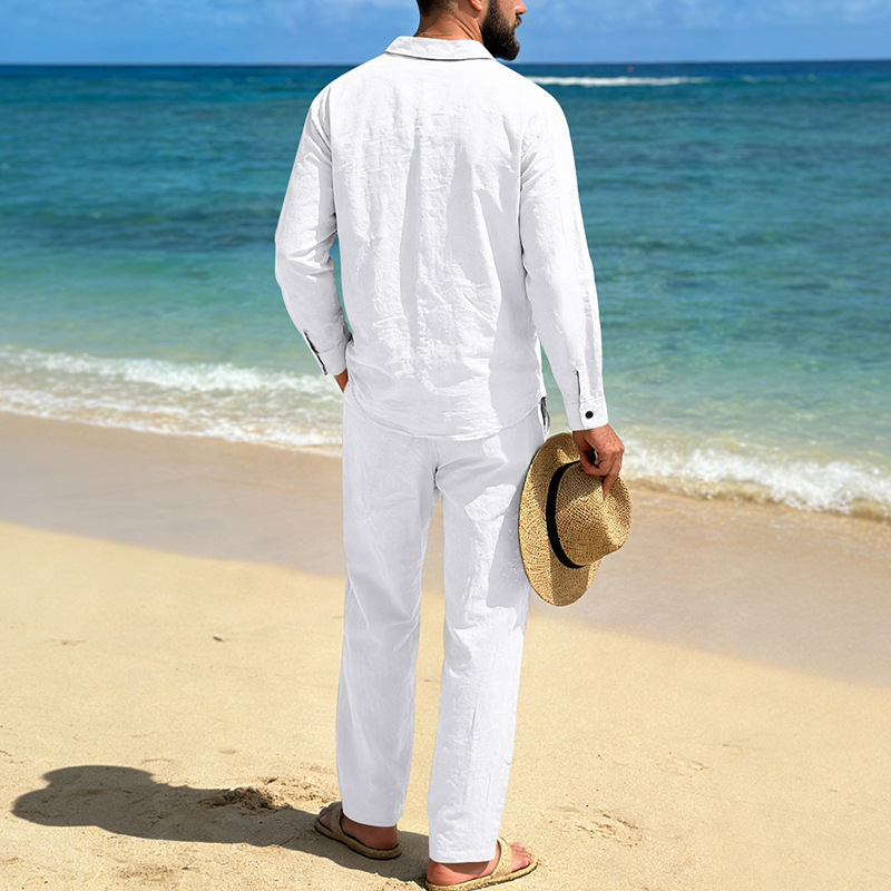 Set camicia in lino da uomo maniche lunghe completo casual mare_voghion.com