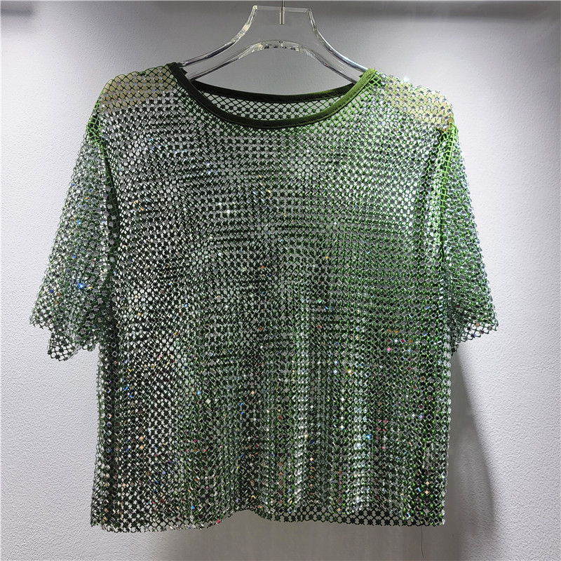Diámetro de diamante hueco de diseño de perspectiva sensación de cuello redondo chaqueta corta delgada camiseta de mujer estilo extranjero blusa universal