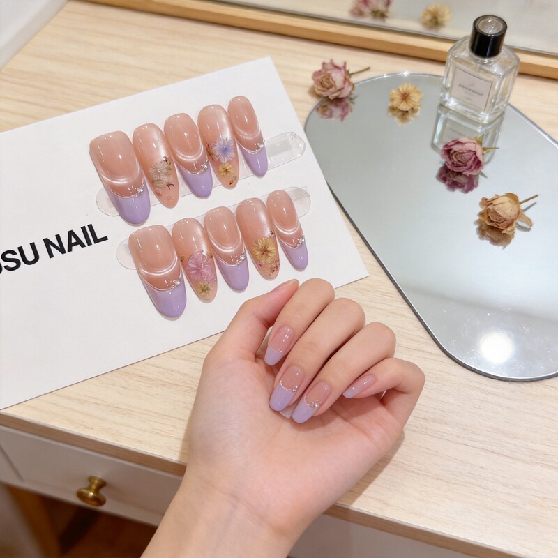 【Spring Flowers】Purple French-Style Floral Cat-Eye Fashion Light Luxury Handmade Wearable Nails Removable Nail Stickers 【Spring Flowers】Purple French-Style Floral Cat-Eye Fashion Light Luxury Handmade Wearable Nails Removable Nail Stickers