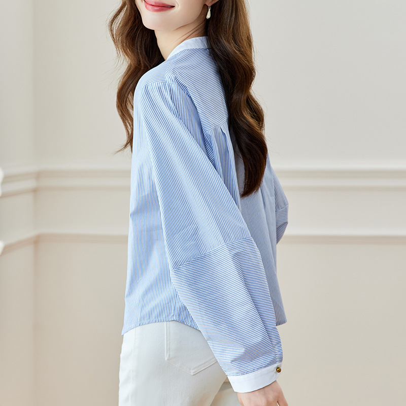 K Blue Striped Shirt, Women's Long Sleeved New Round Neck Top, Fashionable And Versatile, Loose And Slimming Shirt_ecoleips.com