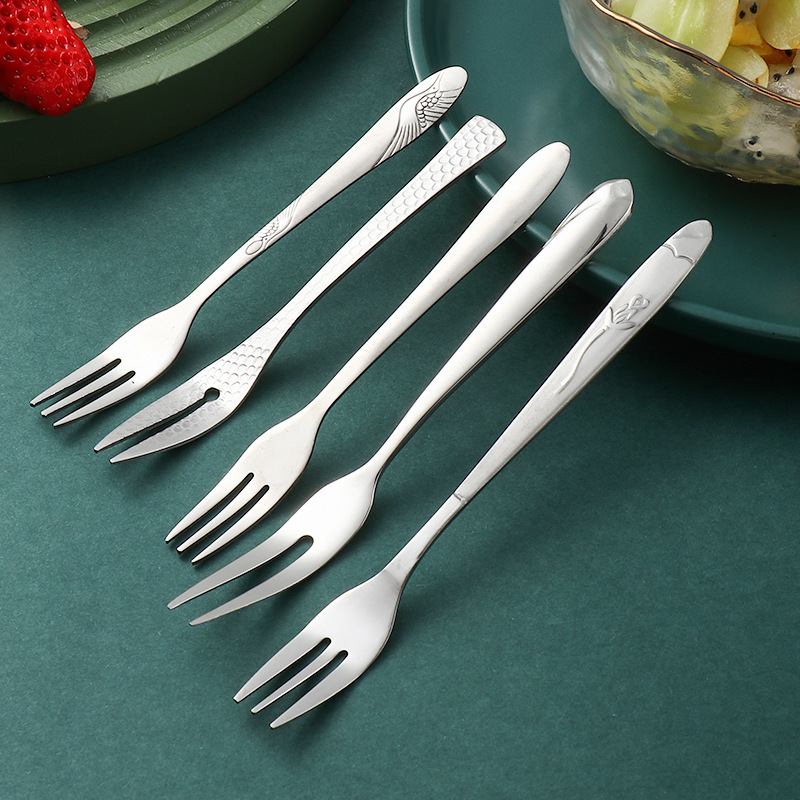 Stainless Steel Cake Fork Dessert Fruit Pick Printed Logo Western Cake Mooncake Knife and Fork Fruit Fork Two-Tooth Fork Fruit Fishing