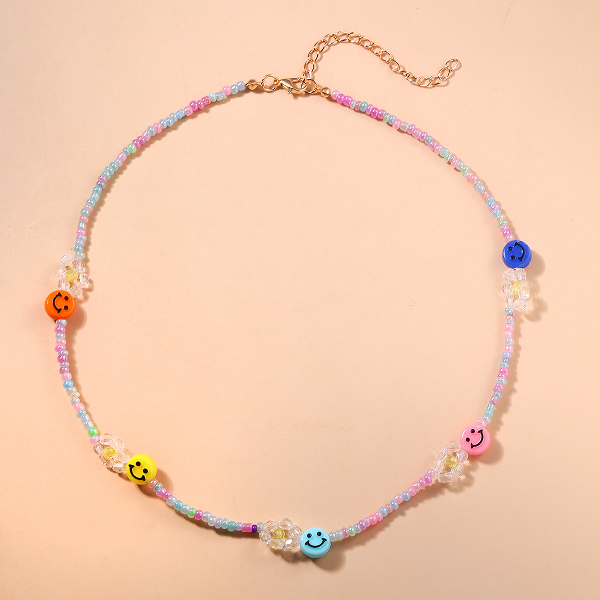 Vintage Rice Beads Woven Flower Candy Color Smiley Clavicle Chain Wholesale display picture 3