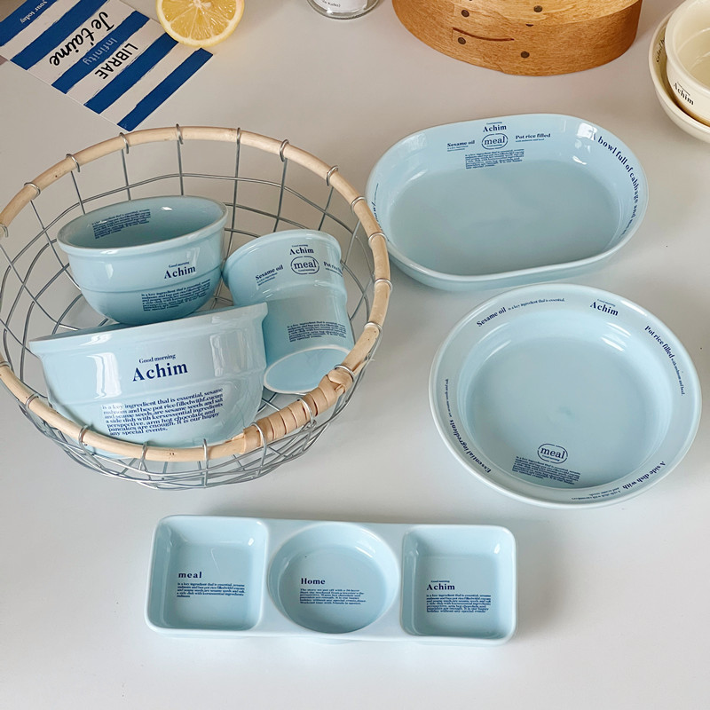 light blue South Korea weekend Tableware Ins Simple Letter Dinner Plate Coffee Cup Oval Psta Plate Rice Bowl suit