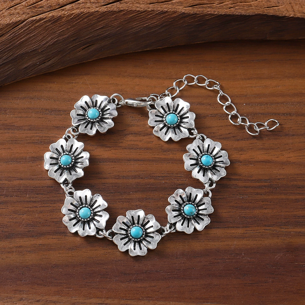 Ретро turquoise браслет цветок из натурального камня, цепочка, универсальный аксессуар, Алиэкспресс, цветочный узор, простой и элегантный дизайн, опт