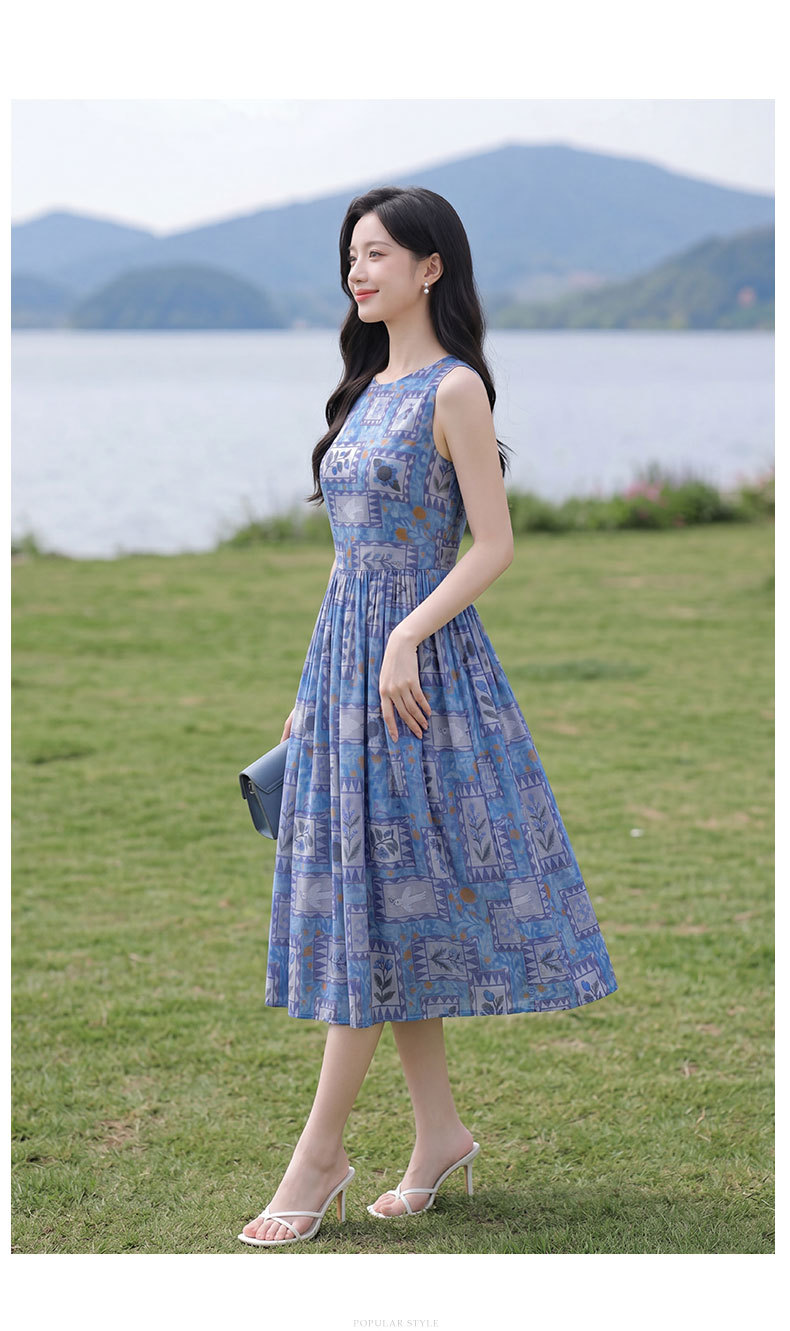 Đầm maxi nữ họa tiết hoa nhí không tay cổ tròn dáng suông thắt eo — Màu ảnh chi tiết 9