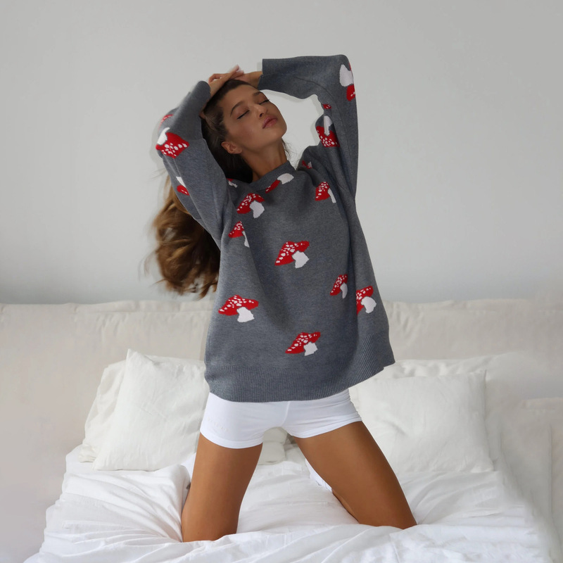 Niche Mushroom Print Sweater for Women, Loose Top, Autumn and Winter Casual Lazy Style Long-Sleeved Knitwear for Women, European and American Style