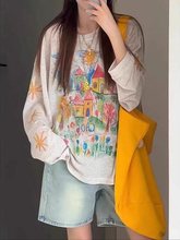 物理防晒复古涂鸦印花长袖T恤女夏季新款宽松薄款中长款罩衫上衣