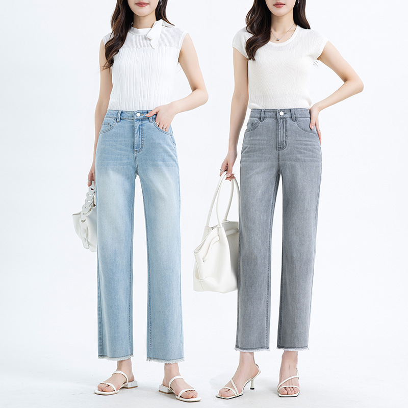 If There Is a Clearance Sale, 2025 Summer Petite Mid-High Waist Baguette Jeans for Women with Frayed Edges, Cropped Straight-Leg Pants 8171