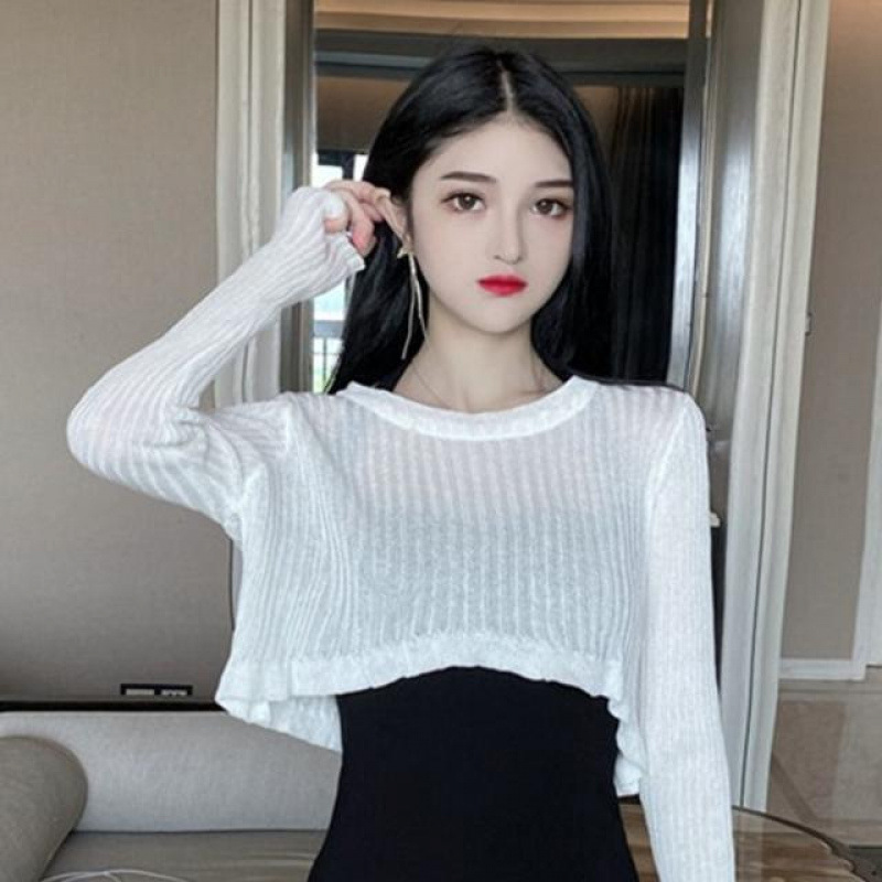 纯欲辣妹秋装薄款针织防晒罩衫女夏独特收腰显瘦吊带连衣裙两件套|undefined