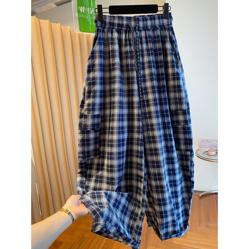 复古慵懒风格子裤女2025新款宽松休闲显瘦遮垮阔腿裤弯刀裤香蕉裤|undefined