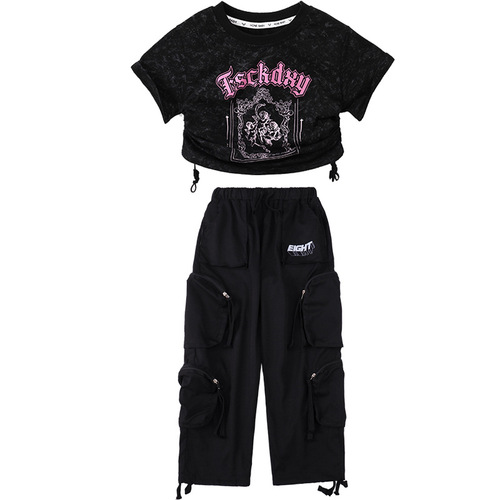 Girls' Short-Sleeve Retro Jazz Dance Costume Set: Black Work Pants and T-Shirt, Perfect for Young Performers