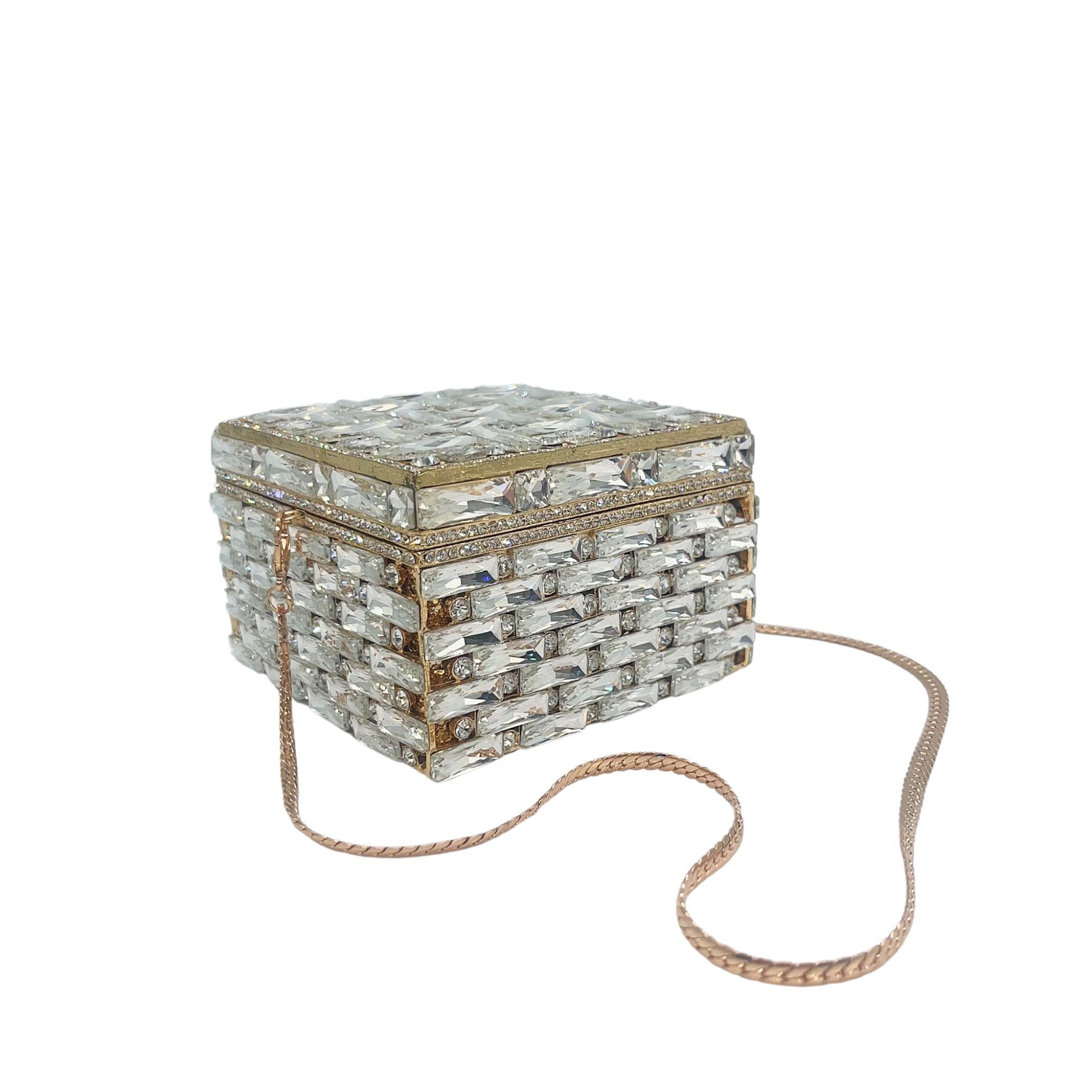 Túi clutch nữ đính kim cương dáng hộp vuông nhỏ dự tiệc — Nền vàng kim cương trắng, Vàng AB, Bạc AB, Màu bạc