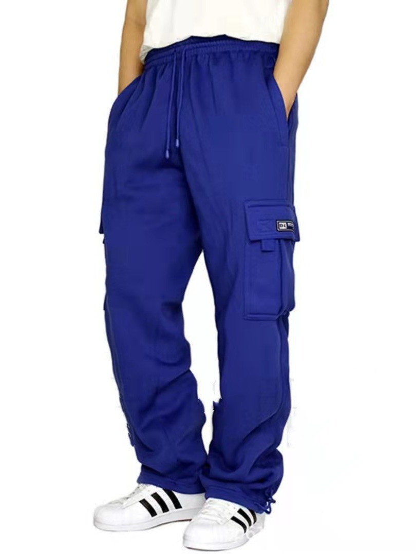 Nuevos pantalones casuales deportivos de moda transfronterizos pantalones sueltos de encaje multibolsillos con forro polar para hombres