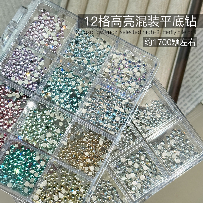 Nail Art K9 Diamond Jewelry 12 Grids Size Mini Mixed Flats Bottom Diamond Popular Hot Style High Quality Flash Nail Jewelry