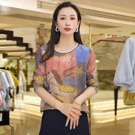 0663#油画风印花真丝上衣女夏季圆领高货长袖休闲桑蚕丝T恤小衫