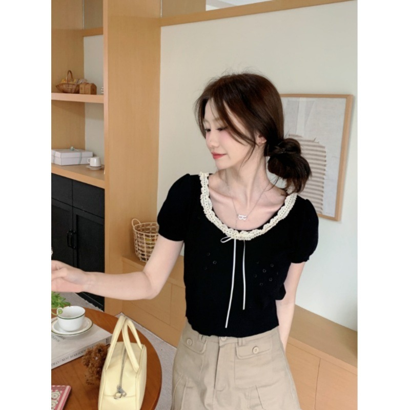 高腰蕾丝短袖镂空蝴蝶结T恤女装春季甜美修身打底衫内搭短款上衣|undefined
