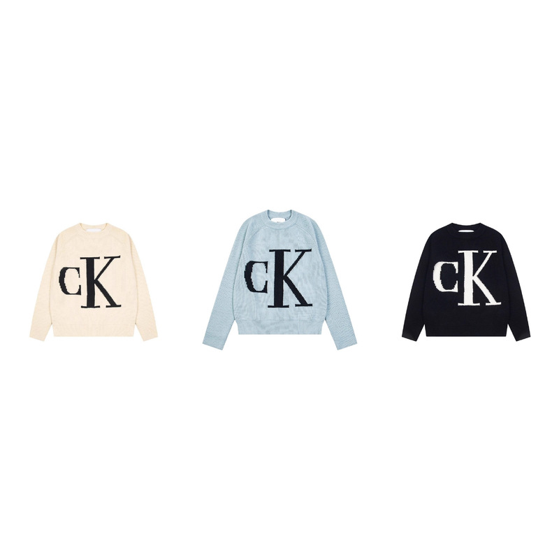 CK欧美潮牌 秋冬季字母LOGO简约时尚百搭男女同款圆领套头针织衫|undefined