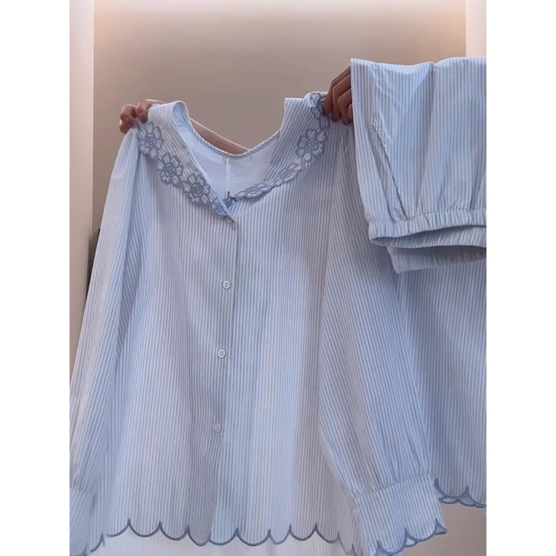 韩版甜美花边条纹睡衣女2025春秋新款简约长袖长裤家居服套装大码|undefined