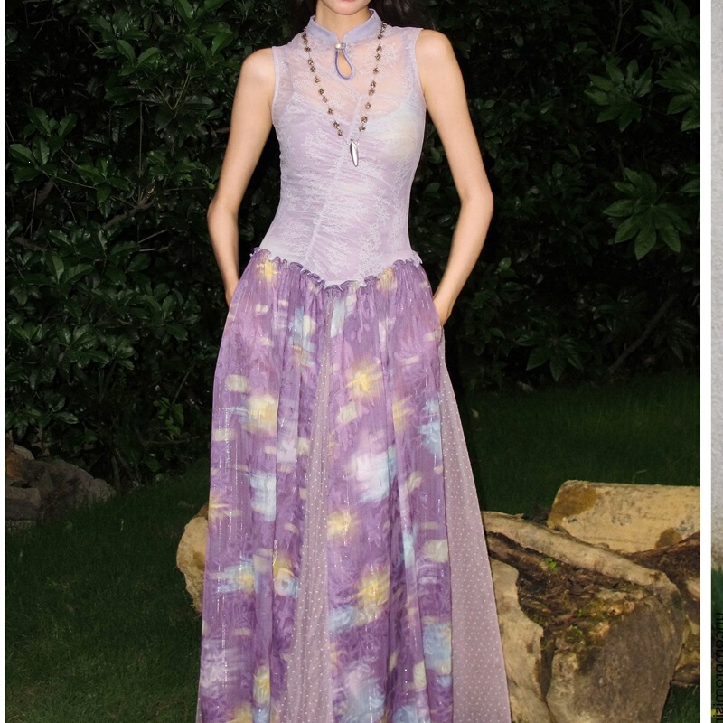 OfAki "Roaming" New Chinese Style Cheongsam Collar Two-Piece Design Dress, Stretchy Sleeveless Dress OfAki "Roaming" New Chinese Style Cheongsam Collar Two-Piece Design Dress, Stretchy Sleeveless Dress
