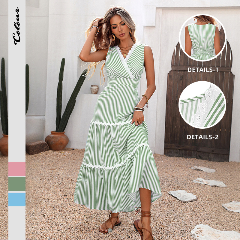 Amazon Europe and America 2026 New French Resort Style Cake Dress with Lace Splicing, V-Neck, Sleeveless, Striped Dress