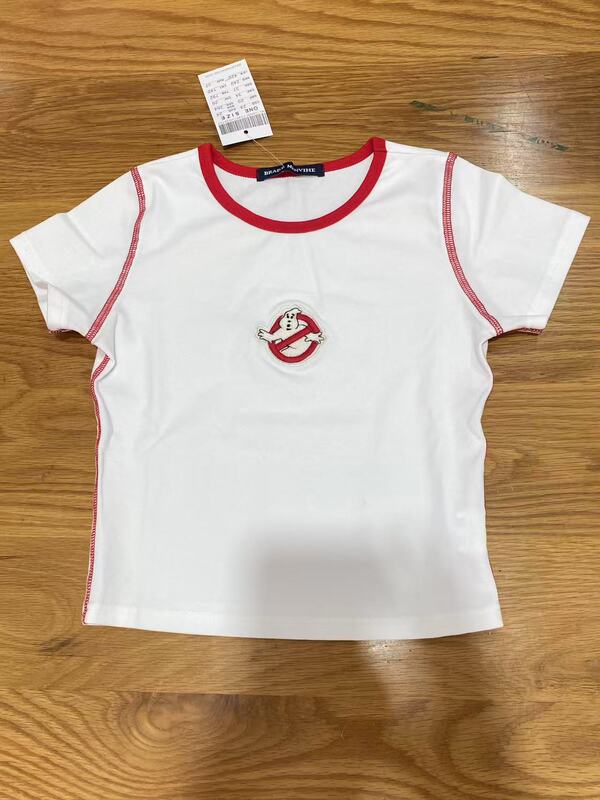 Bm Style New Round Neck Ghost Embroider Contrasting Color Bm Short-Sleeved T-Shirt Female Sexy American Retro High-Waisted Short Top